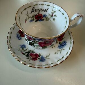 August Floral Bone China Teacup and Saucer - White with Pink & Blue Flowers